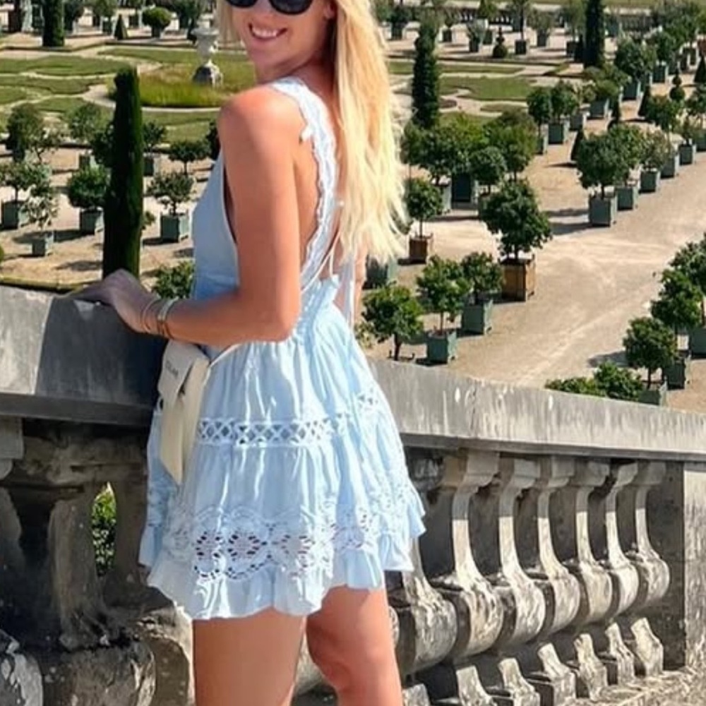Elegant Blue Lace Trim Dress